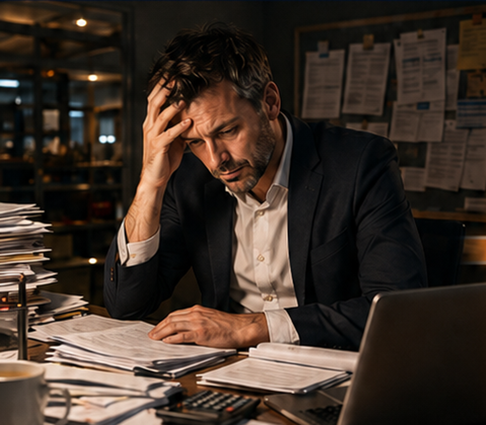 Büroarbeit am Abend in einem Handwerksbetrieb
